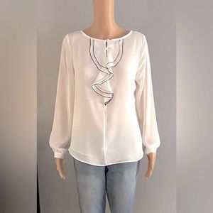 🌷WHITE HOUSE BLACK MARKET WHITE CONTRAST RUFFLE BLOUSE NWT SZ 8P